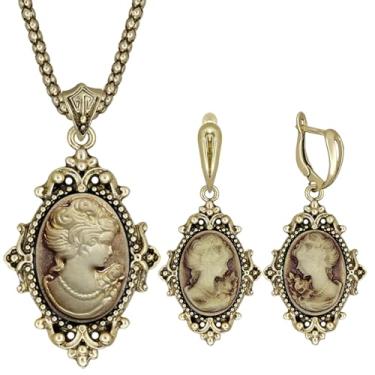 Imagem de Anstory Conjunto de joias vintage com pingente de flor Lady Queen Camafeu para mulheres antigo banhado a prata camafeu colar brinco conjunto de joias, Resina Zinco, Sem Pedra Preciosa