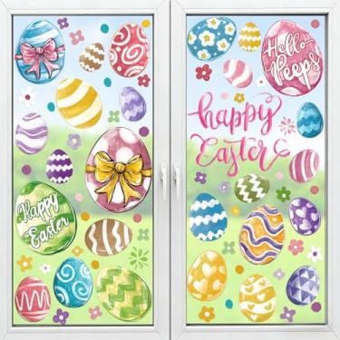 Imagem de Adesivos de janela de ovo de Páscoa, 96 peças de ovos coloridos de Páscoa felizes adesivos de janela florais para decoração de janela de vidro para casa, escola, escritório, primavera