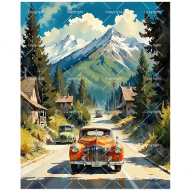 Imagem de Kit de pintura de arte de carro retrô por números para adultos - pintura em tela de carros clássicos DIY em Mountain Town, conjunto de tinta acrílica, adequado para iniciantes, arte para decoração de