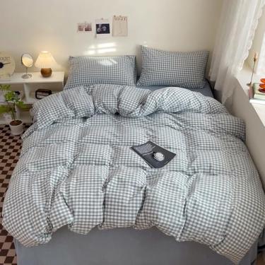 Imagem de DONEUS Conjunto de capa de edredom azul guingão, 100% algodão lavado, linho, supermacio, confortável, xadrez, conjunto de edredom com 2 fronhas para todas as estações (173 x 228 cm, edredom não