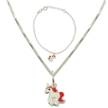 Imagem de Conjunto Colar E Pulseira Infantil Prata Lei 925 Unicornio - Lojas La&