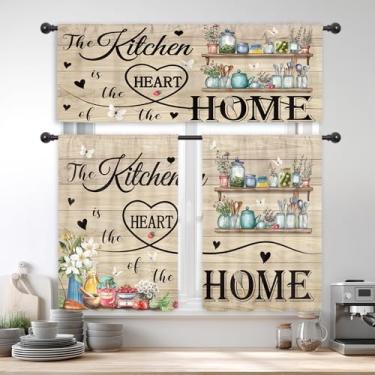 Imagem de Riyidecor Cortinas e sanefas de cozinha vintage Farmhouse, conjunto de 3 peças, bolso para varão, 91 cm, curto, retrô, rústico, prancha, borboleta, floral, bolso para varão, citações, quarto, sala de