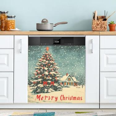 Imagem de SEHANY Capa magnética vintage para lava-louças para árvore de Natal, adesivos magnéticos decorativos antiarranhões para painel de geladeira e lava-louças, decoração de Natal de cozinha doméstica 58 x