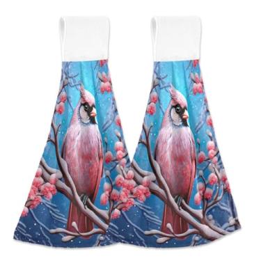 Imagem de Blueangle 2 peças de toalhas de gravata suspensas de Natal inverno cardinal toalha de mão toalha de mão absorvente de veludo coral macio pano para cozinha banheiro (329)