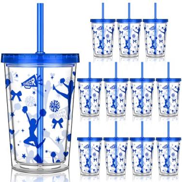 Imagem de Yungyan 12 peças de copos de torcida com tampas e canudos, copo reutilizável de parede dupla isolada de 340 g para presente de líder de torcida da equipe de torcida suprimentos de festa esportiva a