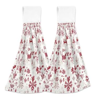 Imagem de Blueangle 2 peças de toalhas de gravata penduradas de veado de Natal toalha de mão de cozinha absorvente de veludo coral macio pano de pano para cozinha e banheiro (375)