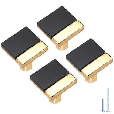 Imagem de ESreake 4 peças de puxadores de armário preto e dourado, puxador de gaveta de liga de zinco de dois tons de qualidade pesada, puxadores de armário preto e dourado para armário de cômoda (4, preto e