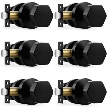 Imagem de Probrico Maçanetas pretas, maçanetas de porta de passagem, maçanetas hexagonais para corredor de armário, pacote com 6