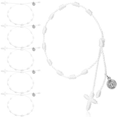 Imagem de Yinkin Pulseira de rosário com medalha de São Bento da Páscoa, pulseira trançada com nó ajustável, pulseiras mexicanas de proteção para bebês com bolsas de malha para presentes de Páscoa, mulheres