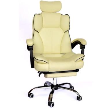 Imagem de C7 Neo Cadeira de Escritório Ergonômica, Couro PU, Reclinável 135°, com Apoio para Pés e Suporte Lombar, Altura Ajustável, Base Cromada (bege)