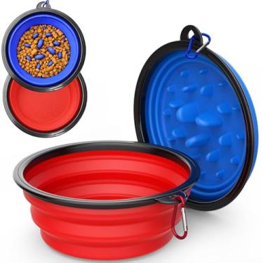 Imagem de Pacote com 2 [design de alimentador lento + regular], tigela dobrável para cães, tigelas portáteis para viagem, 1000 ml, pratos dobráveis para alimentos, água, para viagem, caminhada, caminhada com