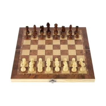 Imagem de Jogo De Xadrez E Damas 3 Em 1 Em Madeira Com Tabuleiro Dobrável E Arma