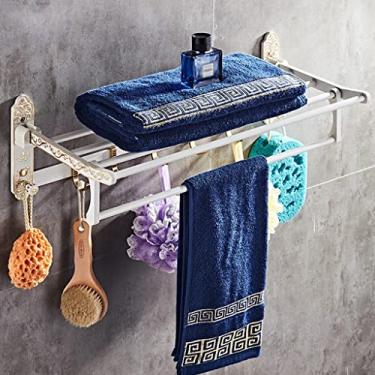 Imagem de Toalheiro acessórios de banheiro alumínio esculpido hardware de banho toalheiro, suporte de toalha branco e dourado prateleira de toalha