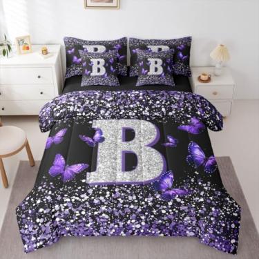 Imagem de Erosebridal Conjunto de edredom solteiro de borboleta fofa, 7 peças, para meninas, roxo, letra B, para crianças e adultos, monograma com estampa de glitter, lençol com lençol e lençol preto e roxo