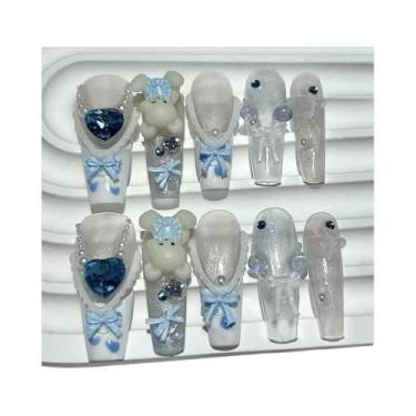 Imagem de Unhas Postiças De Urso De Pelúcia Rosa Com Pérolas E Coração Brilhante