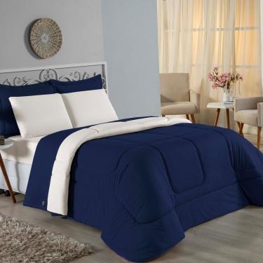 Imagem de Kit Edredom Dupla Face + Jogo De Lençol King Nobre 6 Peças Malha 100% Algodão - Azul-marinho / Palha