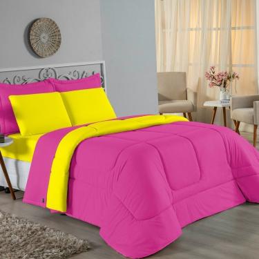 Imagem de Kit Edredom Dupla Face + Jogo De Lençol Solteiro Nobre 5 Peças Malha 100% Algodão - Pink / Amarelo