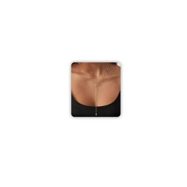 Imagem de Lariat Colar de ouro para mulheres, moderno Y colar de pérolas longo banhado a ouro, colar delicado em camadas com pingente de zircônia cúbica para mulheres, joia simples para presente feminino, One