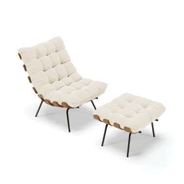 Imagem de Kit 01 Poltrona e 01 Puff Costela Veludo Bege Base Metálica Preto - D'Rossi
