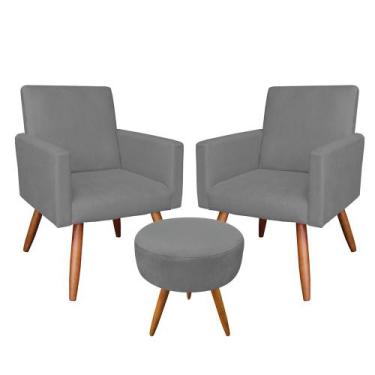 Imagem de Kit 02 Poltronas com 01 Puff Larissa Suede Pés Palito Castanho D'Rossi