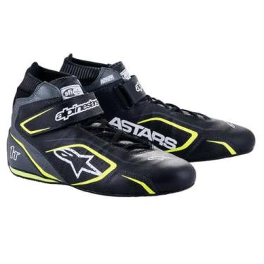 Imagem de Alpinestars Tênis de direção, Tech 1-T V3, cano médio, SFI 3,3/5, externo de couro, Nomex interno, preto/amarelo fluorescente, tamanho 11, par