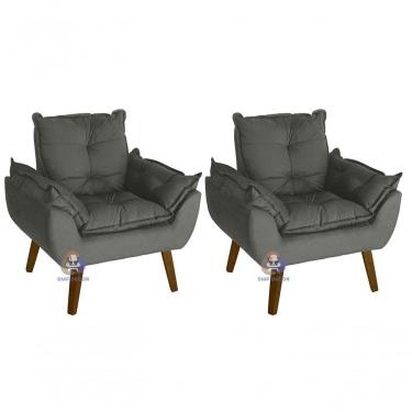 Imagem de Kit 02 Poltrona Decorativa Opala Chumbo Com Fibra De Silicone E Pés Quadrado Smf Decor