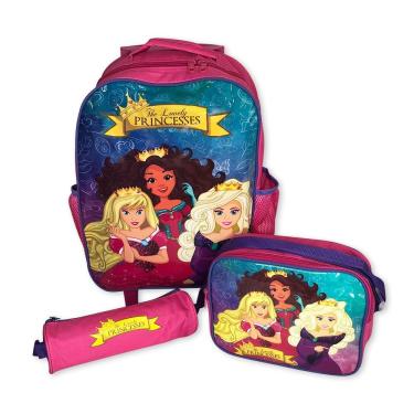 Imagem de Mochila Infantil Escolar Kit Com Bolsa Lancheira E Estojo Para Criança Estudar Princesas Rosa
