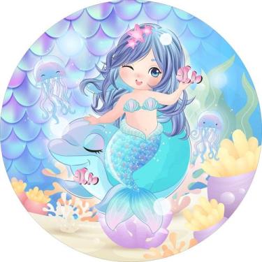 Imagem de Painel de Tecido Sublimado Redondo Sereia e Golfinho Tons de Azul Esca