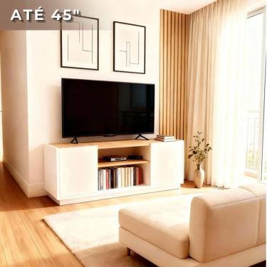 Imagem de Rack 107cm para Tv com Portas Design Moderno e Base com Rodapé Branco