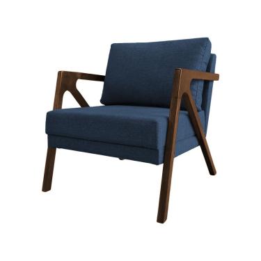 Imagem de Poltrona Mona Monique Luxo Linho Azul Base Madeira Maciça Mel Ideal Decor