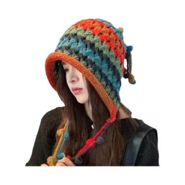 Imagem de Chapéu De Lã Feminino Para Inverno, À Prova De Vento, Listrado, Arco-Í