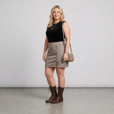 Imagem de Mini Saia Suede com Recorte Frontal e Ilhós - Estilo Moderno - Amoplus