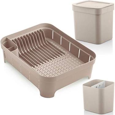 Imagem de Kit Pia Cozinha Escorredor De Louça E Talheres Lixeira 2,5l Bege