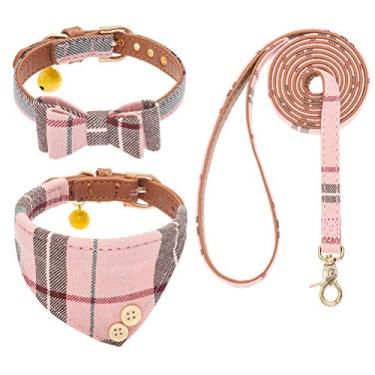 Imagem de EXPAWLORER Conjunto de coleira e coleira para cães - gravata borboleta xadrez clássica para cães e coleira bandana para cachorro com sino, coleira para cachorro livre de emaranhados, coleiras ajustáveis para gatos pequenos e médios grandes, presente ideal para festas