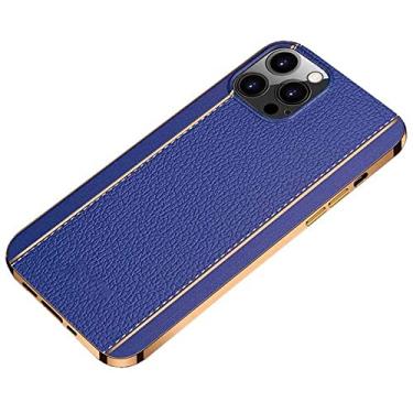 Imagem de KKFAUS Capa macia de silicone com moldura dourada, capa para Apple iPhone 12 Pro Max (2020) 6,7 polegadas padrão lichia ultrafina com tudo incluído capa de telefone à prova de choque [proteção de tela e câmera] (cor: azul)