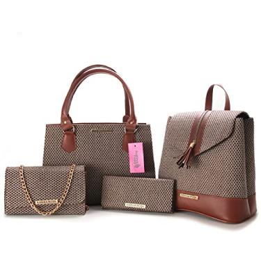 Imagem de Bolsa Feminina Grande Executiva De Ombro + Bolsa Festa Tiracolo Corrente Clutch + Mochila Feminina + Carteira Bella Rosa (Caramelo)