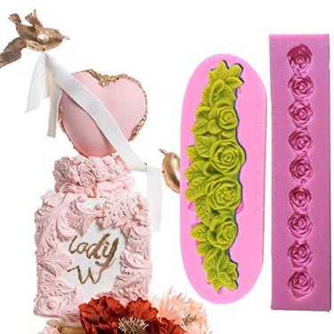 Imagem de Anyana Conjunto de 2 peças de decoração para decoração de cupcake de festa de casamento em pasta de açúcar com borda de silicone de videira floral e linha de contas de rosa.