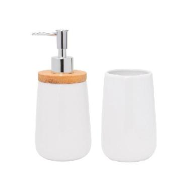Imagem de Kit Para Banheiro Branco De Cerâmica/Bambu Porta Escova E Saboneteira