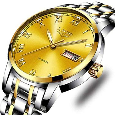 Imagem de LIGE Relógios masculinos modernos simples à prova d'água relógio de quartzo esportivo de aço inoxidável relógio de pulso dourado calendário relógio de negócios para homens, 5, aço,