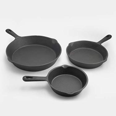 Imagem de EXCELSTEEL Utensílios de cozinha duráveis perfeitos para fogão doméstico e deliciosos conjunto de frigideiras de cozinha ao ar livre, 3 peças, ferro fundido preto