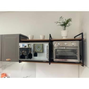 Imagem de Genérico Prateleira Industrial Duplo Nicho Micro-ondas Forno Air Flyer Cozinha Kit Completo (Amadeirado, 4 Prateleiras, 3 Suportes de Ferro Preto Fosco, 140cm)