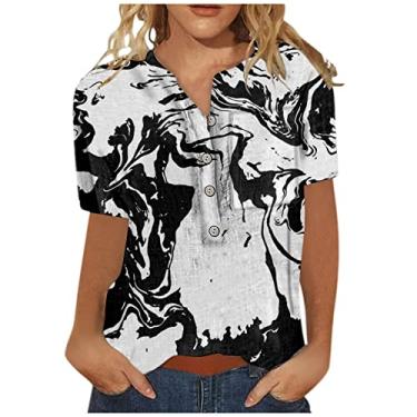 Imagem de Camisetas longas femininas com estampa floral folgada outono verão manga curta gola V camisa de linho feminina 2024 Y2K, K-470 Preto, 3G