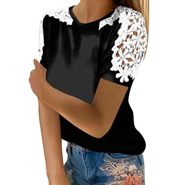 Imagem de Blusas femininas de malha de renda para treino de manga curta, blusas elegantes de verão de algodão, camisetas florais para festa, Preto, P