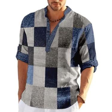 Imagem de Camisa masculina vintage patchwork estampa colorida bloco manga comprida camisa casual hippie esportes praia tops blusa (Color : Gray, Size : S)