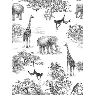 Imagem de MAGAFA Papel de parede Peel and Stick - Girafa e Elefante Preto/Branco Animais da Floresta Papel de Contato Vintage para Quarto de Crianças e Renovação de Móveis Antigos (43 x 38 cm)