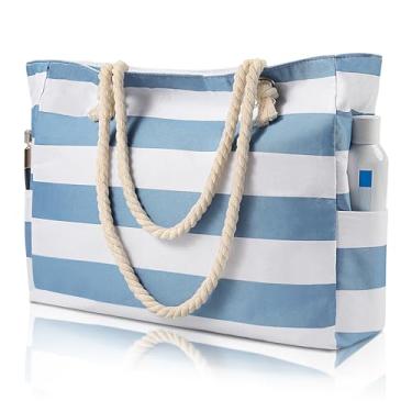 Imagem de Bolsas de praia femininas - Bolsa de praia grande com zíper impermeável à prova de areia para natação e piscina, Listras azuis embaçadas, Large
