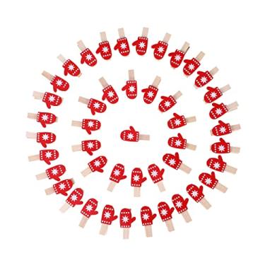 Imagem de 50 peças de clipes de Natal, mini alfinetes de roupas, prendedores de roupa de madeira, clipes de fotos, conjunto de clipes de madeira pequenos para bricolagem, pinos pendurados para cartões de Natal, artesanato de papel, suprimentos de festa de férias, luvas vermelhas