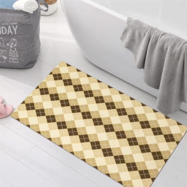 Imagem de Griclner Tapete de banheiro antiderrapante, tapete de banho extra absorvente marrom diamante quadriculado para banheiro, lavagem à máquina, tapete de banho de pedra de lavagem à máquina, seco rápido