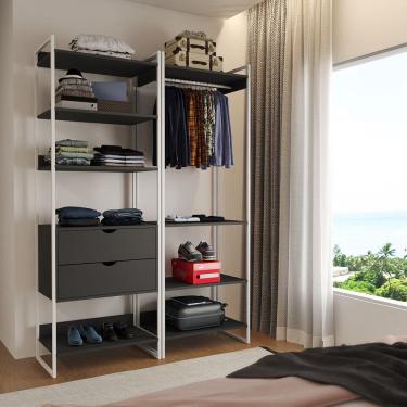 Imagem de Closet Industrial Casal Loft 2 Módulos Preto Cabideiro com Gavetas Ferro Branco 
