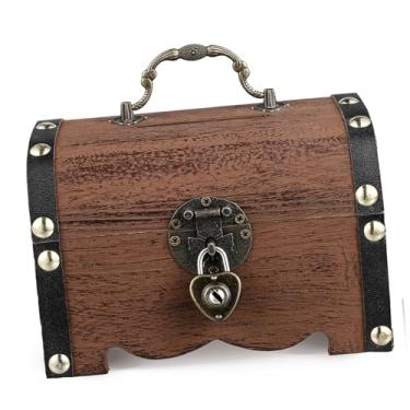 Imagem de Caixa de armazenamento de baú de tesouro com fechadura, organizador de joias de madeira vintage, cofrinho para crianças e adultos/227